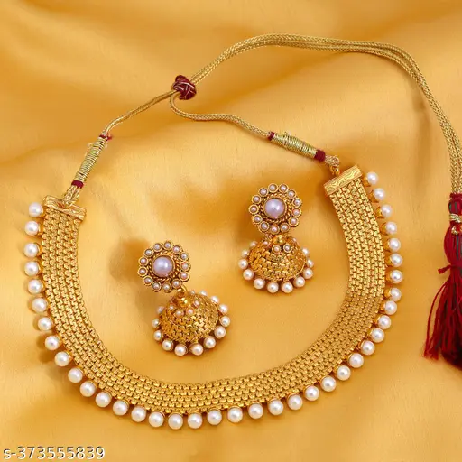 Glorious Gold Plated Pearl Choker Necklace Set For Women