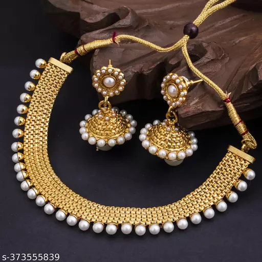 Glorious Gold Plated Pearl Choker Necklace Set For Women